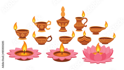 Collection of traditional clay lamps and lotus flower candles beautifully illuminated, representing festive celebrations and spiritual ambiance.
