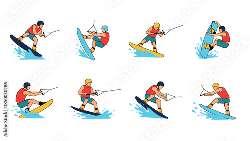 Dynamic wakeboarding moves collection with colorful flat art style