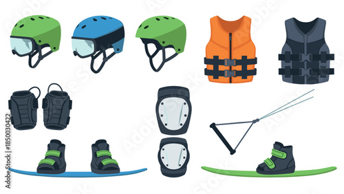 Water sports safety gear set: helmets, vests, and boards for active adventures