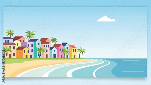 Tropical beach town with colorful houses and palm trees lining the shore