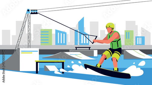 Wakeboarding adventure in the city: dynamic sport scene with urban backdrop