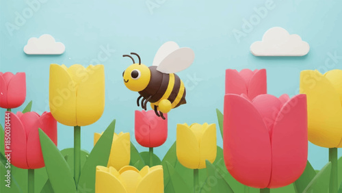 Whimsical 3D cartoon bee flying over a vibrant field of colorful tulips under a bright spring sky illustration