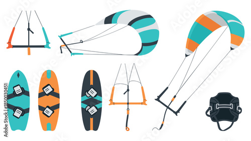 Kitesurfing equipment set with colorful boards and kites