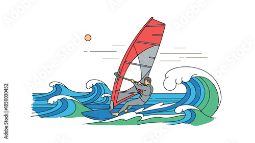 Dynamic flat design of windsurfer riding ocean waves under sun