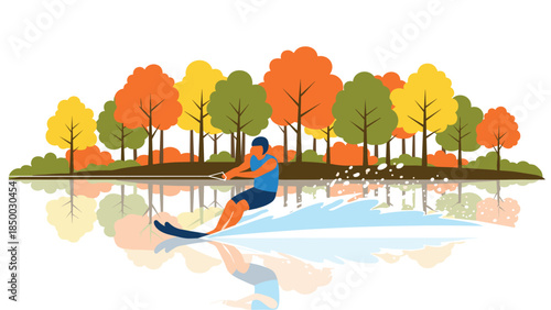 Autumn water sports: vibrant scene of a waterskiing adventure with colorful trees