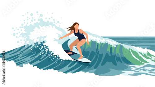 Dynamic flat design shows surfer riding ocean wave in action-packed scene