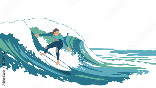 Woman surfing on ocean wave in dynamic flat design art