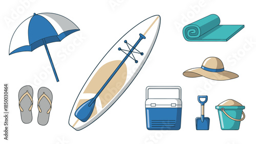 Beach essentials: umbrella, surfboard, cooler, and fun summer accessories