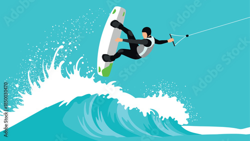 Dynamic wakeboarding action: energetic flat design with vibrant ocean waves
