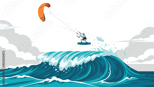 Dynamic kitesurfing adventure in the ocean with vibrant waves and clouds