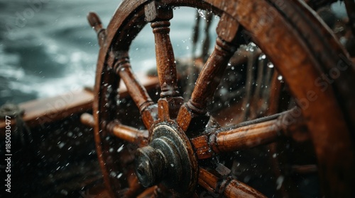 Wooden ship steering wheel with falling water drops