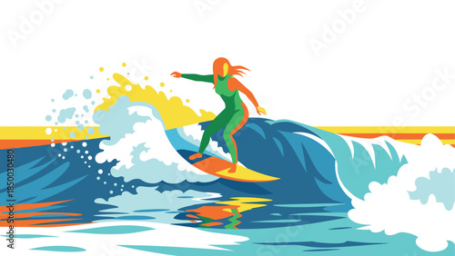 Colorful surfer riding waves in dynamic abstract art style