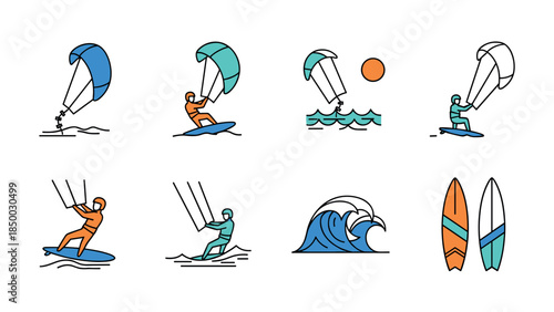 Minimalist kite surfing icons with sail, surfer, and wave designs
