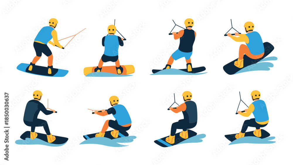 Fototapeta premium Colorful kiteboarding action figures on waves with dynamic poses