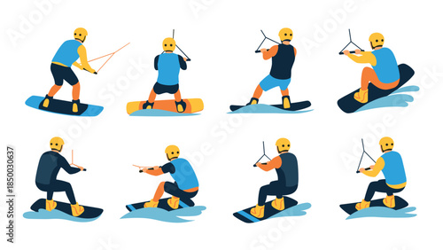 Colorful kiteboarding action figures on waves with dynamic poses