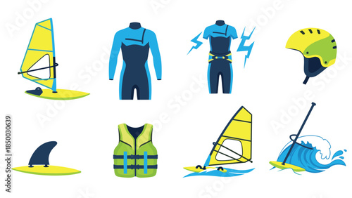 Colorful windsurfing gear set: wetsuits, boards, helmets, life vests, and accessories