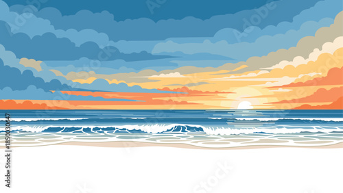 Vibrant coastal sunset with waves and cloudscape in flat art style