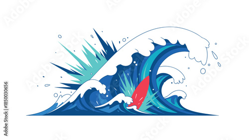 Dynamic surf board ride in stylized ocean wave with splash elements