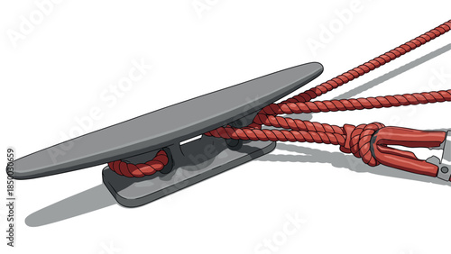 Nautical cleat with red ropes on white background in 3d style
