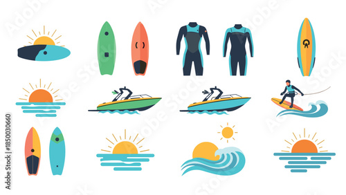 Flat design surfboards and watersports scenes with sunset elements