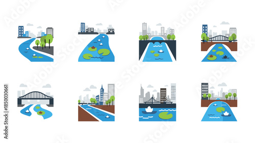 Flat style urban river and bridge set with buildings and nature elements