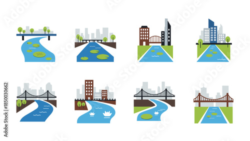 City river scenes with bridges and skyscrapers in flat style