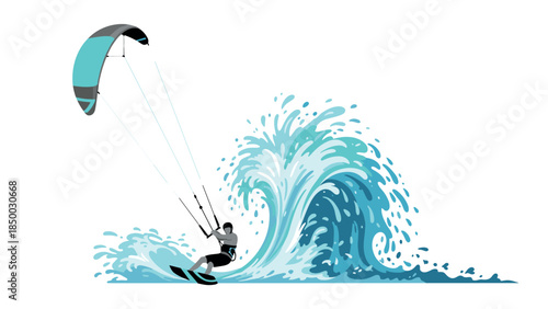 Dynamic kiteboarding adventure with splashing ocean waves
