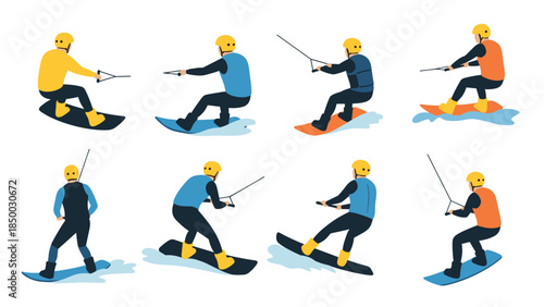 Wakeboarding poses collection in flat design showcasing diverse techniques