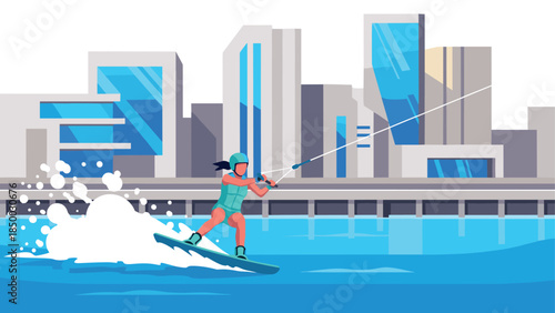 City waterfront adventure: woman wakeboarding in modern urban setting
