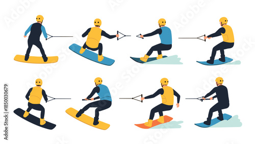 Set of cartoon style characters engaging in wakeboarding and water skiing activities