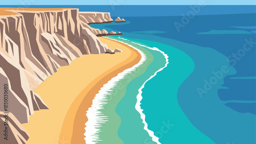 Dramatic cliffside overlook with waves crashing on sandy beach in flat style