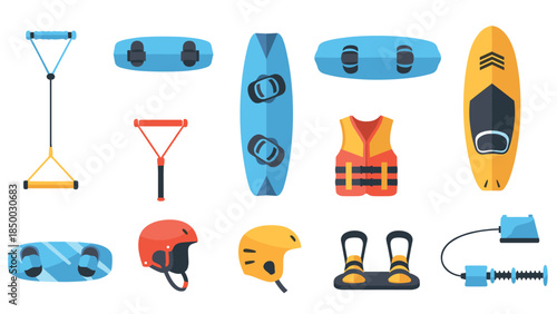 Flat style wakeboarding equipment set with helmets and boards in vibrant colors