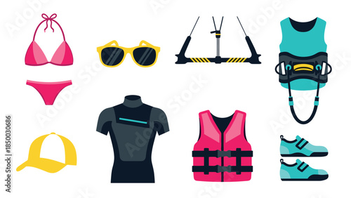Colorful beach gear and watersports icons for summer adventures