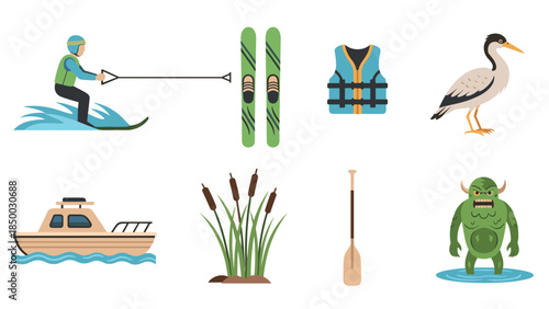 Water adventure symbols: skiing, boating, and nature in flat design