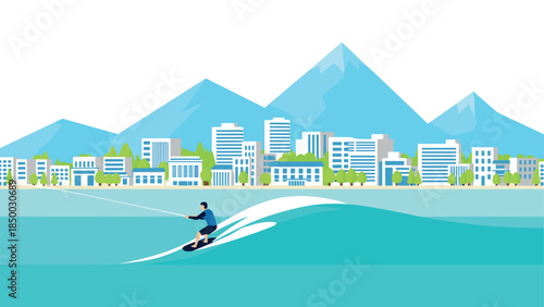 Wakeboarding adventure in modern cityscape with mountain backdrop