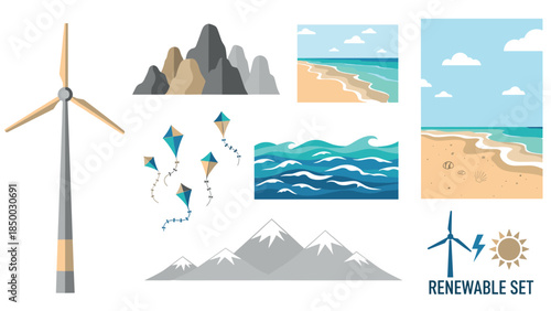 Renewable energy and nature themed set featuring wind turbine and scenic landscapes