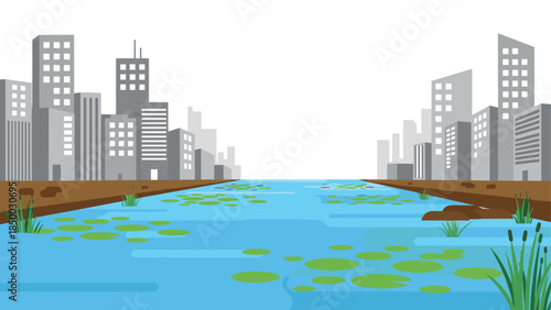 Urban riverbank with water lilies and modern city skyline in flat art