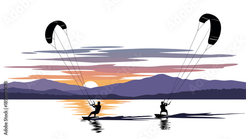Sunset kitesurfing adventure with silhouettes over serene lake amid scenic mountain landscape