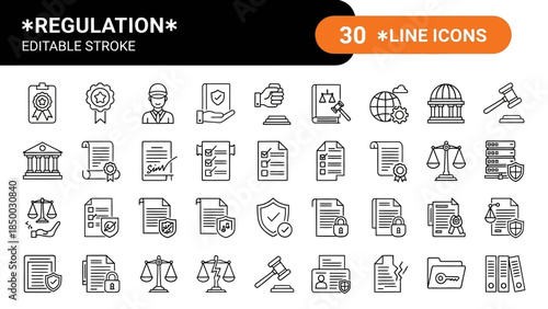 Collection of 47 solid sleek line icons representing legal and business regulation, law, and justice concepts, editable stroke