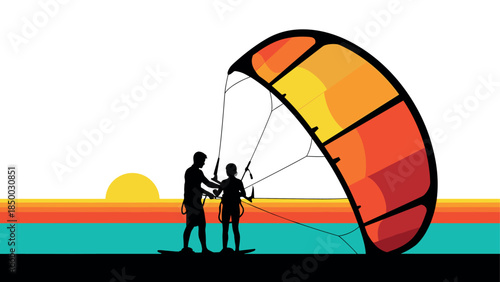Vibrant kite surfing silhouette at sunset with retro sunset background