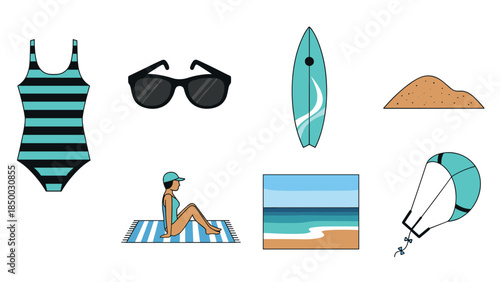 Summer beach vibes: icons of relaxation and fun by the sea