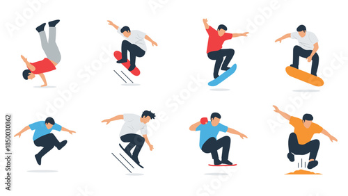 Dynamic skateboarders performing tricks in flat design style