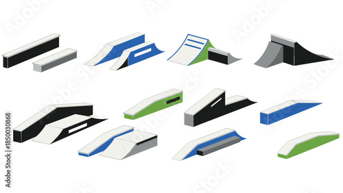 Isometric skatepark ramps collection in blue and green shades