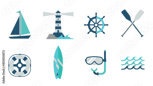 Nautical elements set with sailboat, lighthouse, and more in flat style