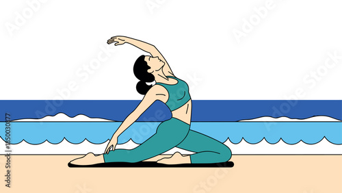 Flat style yoga pose by the ocean: woman in activewear practicing stretching on beach