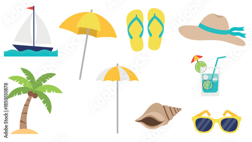 Summer beach essentials collection with tropical elements and relaxation accessories