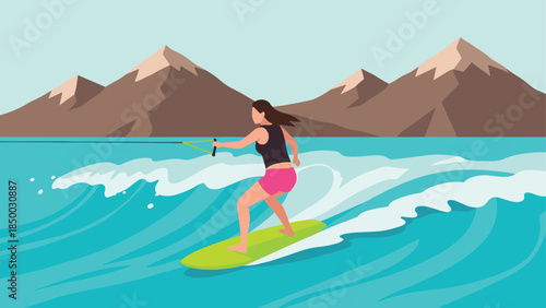 Flat design woman surfing on turquoise waves with mountain background