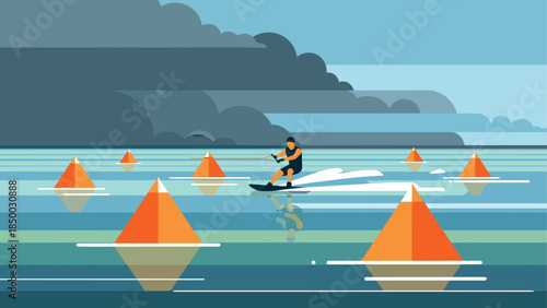 Dynamic wakeboarding adventure in geometric style amidst vibrant buoys and stormy sky