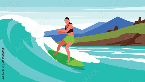 Woman surfing big wave in vibrant coastal scenery