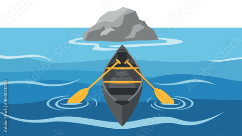 Isometric canoe adventure on blue ocean with rocky island